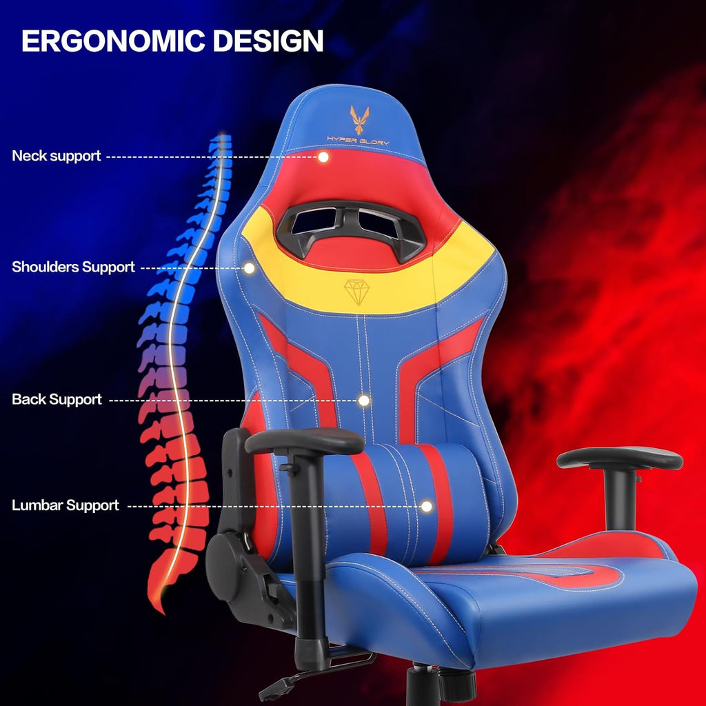Ergonomic Video Gaming Chair Recliner | 360 Degree Swivel Computer Gaming Chair with Lumbar Support, Headrest, Height Adjustable for Study, Home Office, Blue Red