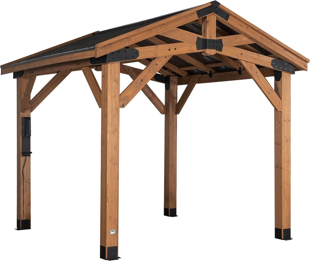 Backyard Discovery Norwood 10' x 10' Cedar Wood Outdoor Gazebo Pavilion with Hardtop Galvanized Steel Peak Roof, Snow Support, Wind Resistance, PowerPort, Shade for Garden, Patio, Deck, Entertaining