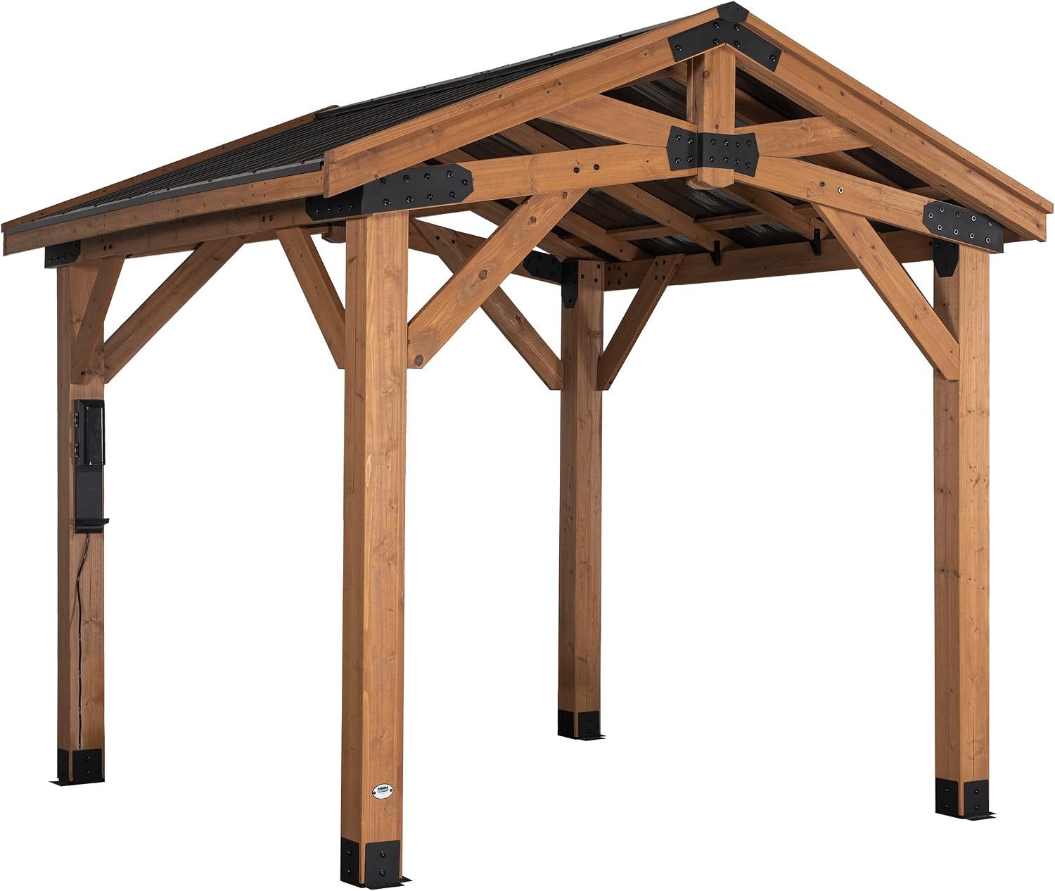 Backyard Discovery Norwood 10' x 10' Cedar Wood Outdoor Gazebo Pavilion with Hardtop Galvanized Steel Peak Roof, Snow Support, Wind Resistance, PowerPort, Shade for Garden, Patio, Deck, Entertaining