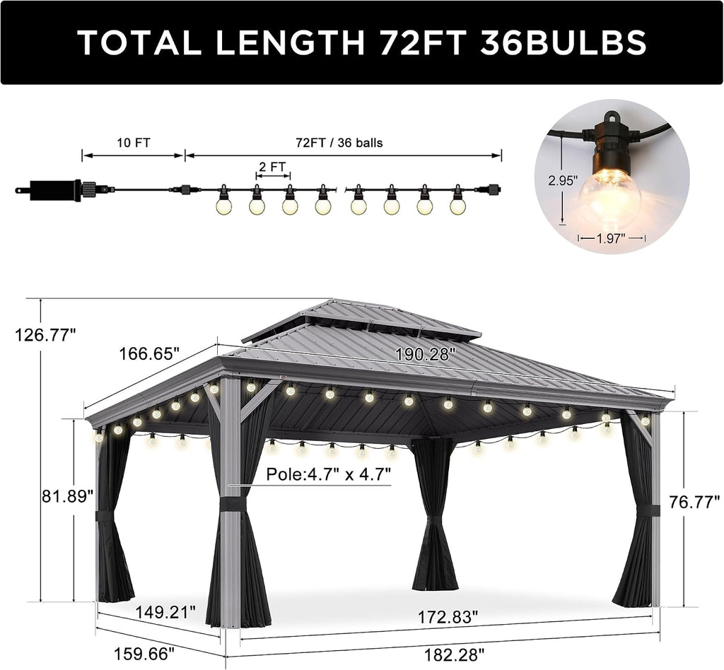 PURPLE LEAF 14' x 16' Hardtop Aluminum Gazebo with Netting and Curtains Heavy Duty Permanent Gazebo with Double Metal Roof for Patio Deck Lawn Garden All Weather Outdoor Pavilion Gazebos, Light Grey