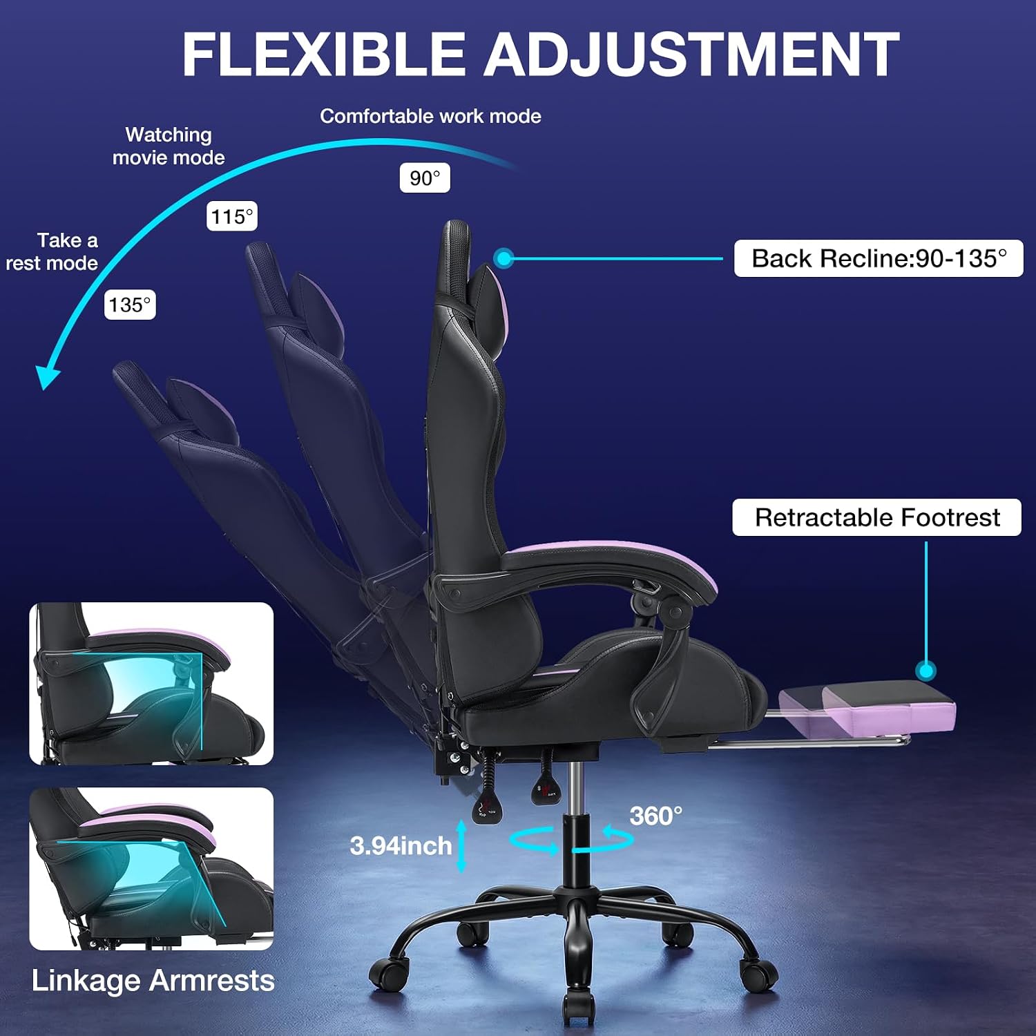 RGB Gaming Chair Massage with LED Lights Ergonomic Computer Gaming Chair with Footrest High Back Video Game Chairs with Adjustable Lumbar Support Purple and Black