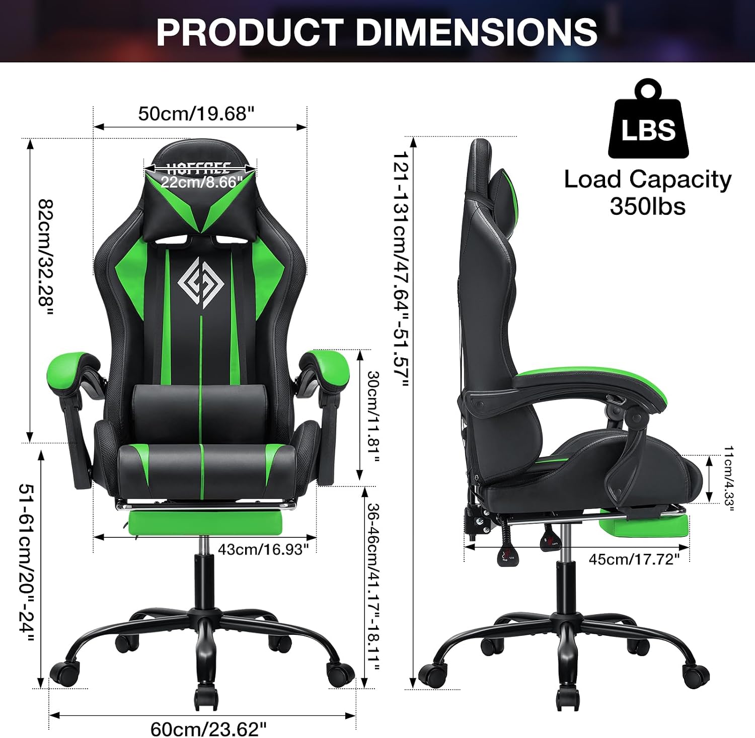 HOFFREE Gaming Chair with LED RGB Lights with Massage and Footrest Ergonomic Computer Chair High Back Video Game Chair with Adjustable Lumbar Support Linkage Armrest Green and Black