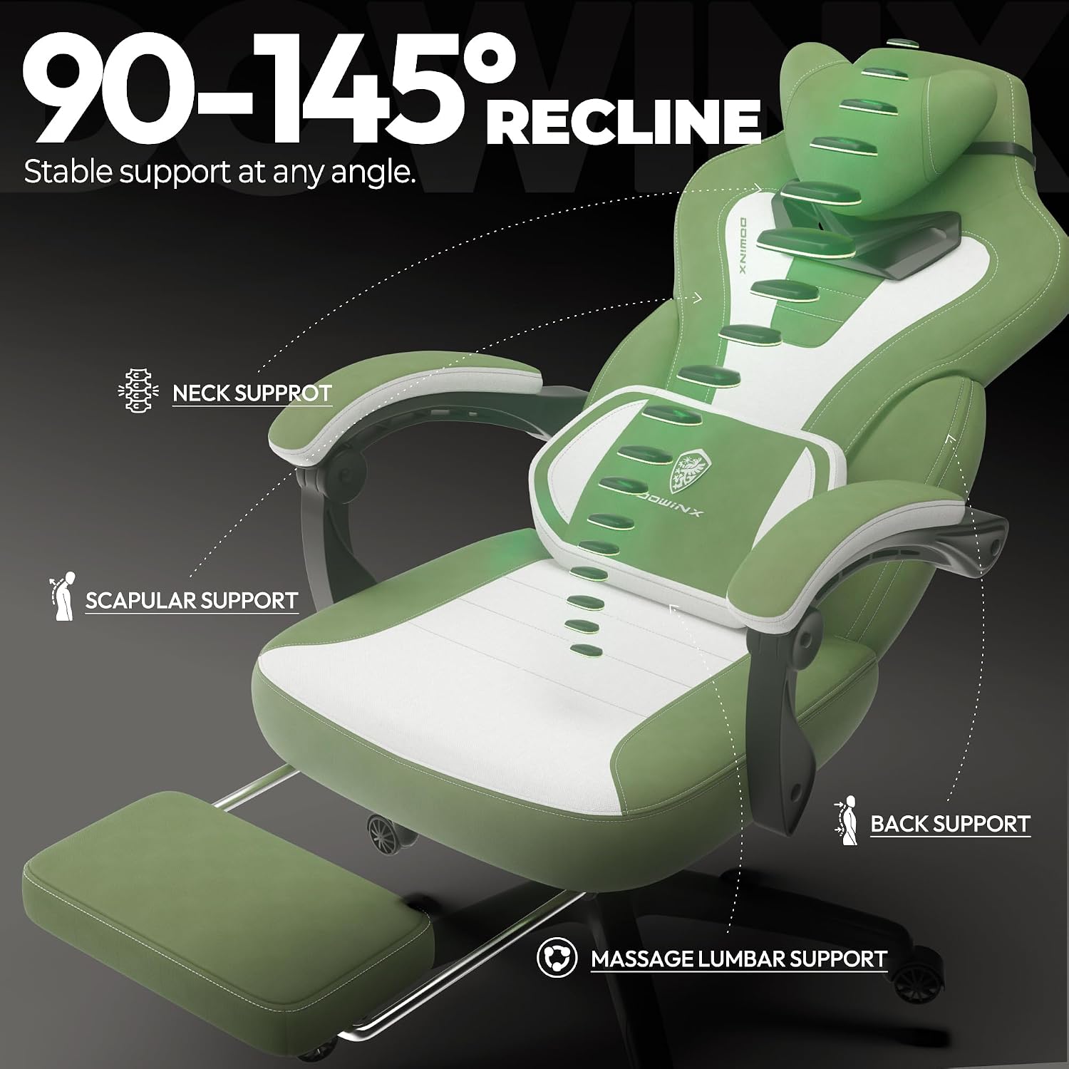 Dowinx Fabric Gaming Chair with Footrest,Big and Tall Game Chair for Heavy People, Gamer Chair with Massage Lumbar Support,Ergonomic Computer Gaming Chair for Adults, Fabric Green
