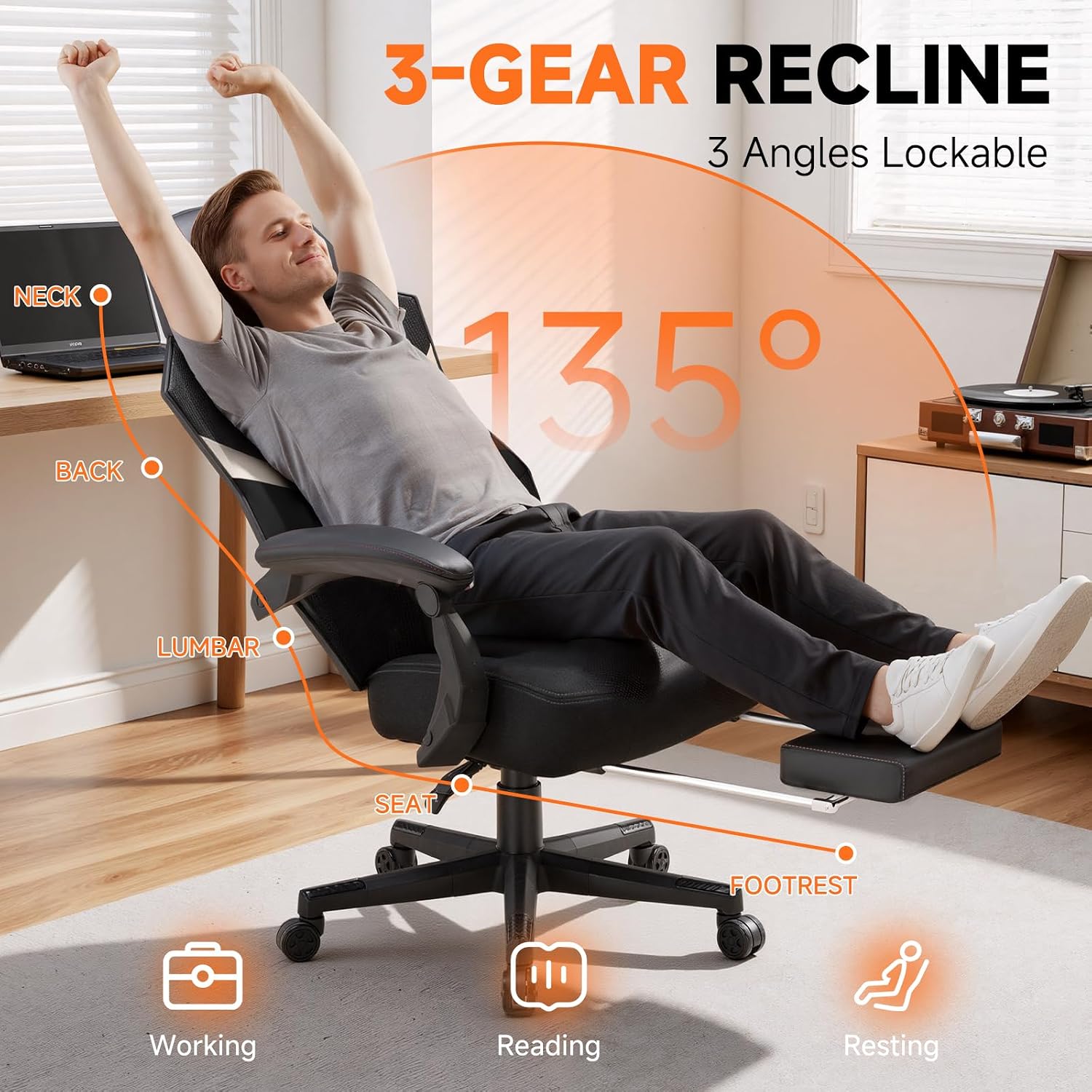 GTPLAYER Computer Chair with Adjustable Footrest, Ergonomic Gaming Chair with Headrest and Lumbar Support, Breathable Mesh Office Chair for Adults, High Back Reclining Desk Chair for Gaming and Office