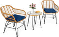 Tangkula 3 Pieces Patio Bistro Set, Rattan Conversation Set with 2 Cushioned Armchairs & Round Glass Coffee Table, Indoor Outdoor Wicker Furniture Set for Balcony, Backyard, Garden, Poolside
