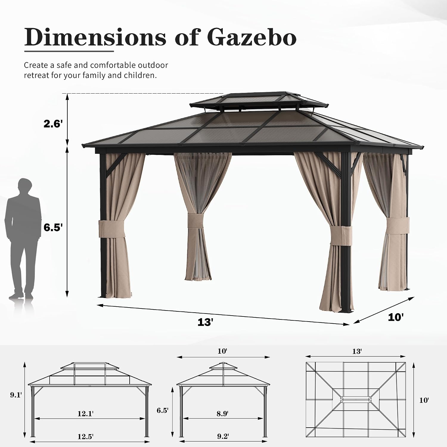 YOLENY 10'x13' Hardtop Gazebo, Outdoor Polycarbonate Double Roof Canopy, Aluminum Frame Permanent Pavilion with Curtains and Netting, Sunshade for Garden, Patio, Lawns