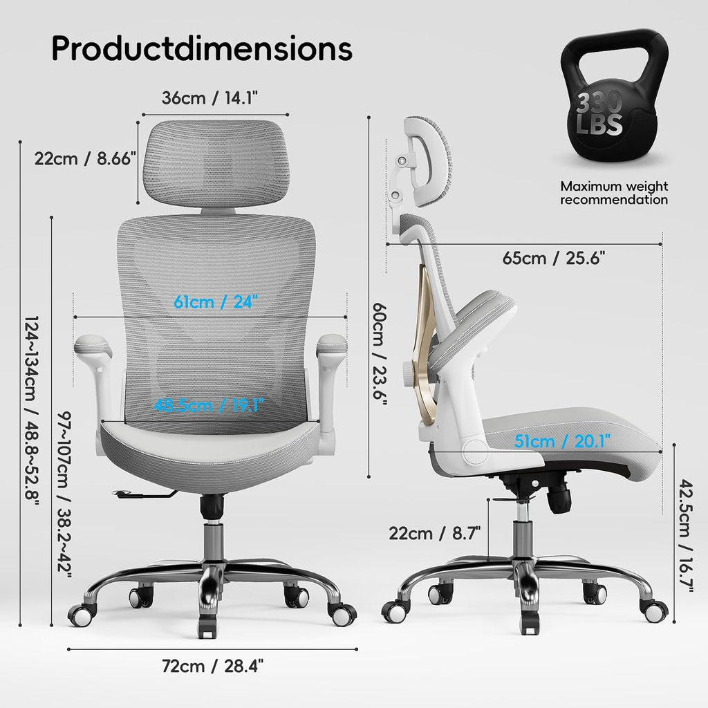 Ergalithic Office Home Ergonomic Desk Chair-Computer X-Shaped Chair Mesh PU Leather with Adjustable Lumbar Support-Executive Chair High Back with Headrest Flip-Up Arms for Long Hours (Grey)