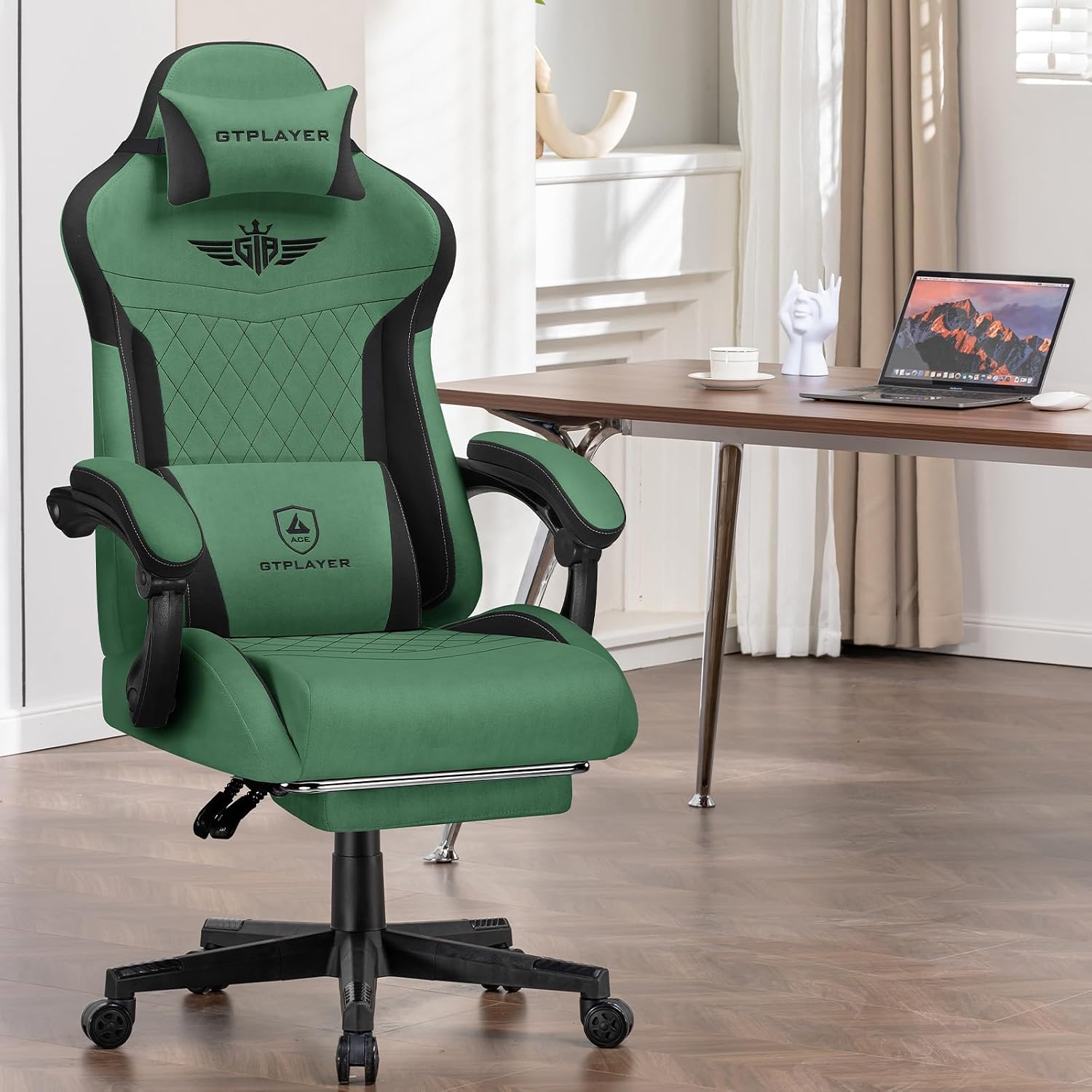 GTPLAYER Gaming Chair, Video Game Chairs with Footrest and Lumbar Support, Computer Chair for Adults with Extended Backrest, Ergonomic Reclining Silla Gamer, Fabric, Green