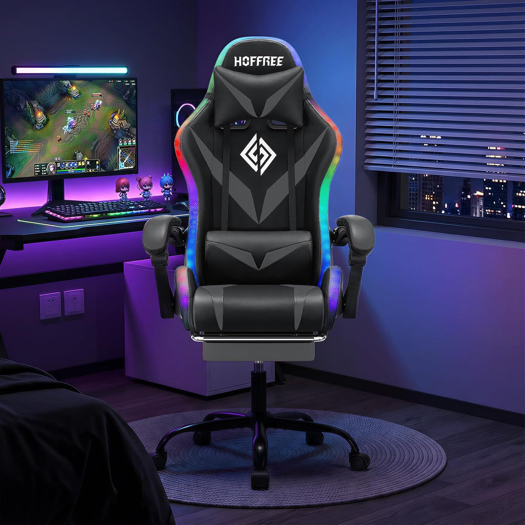 RGB Gaming Chair with Massage and LED Lights Ergonomic Video Game Chairs with Footrest High Back Reclining Computer Chair with Adjustable Lumbar Support Grey and Black