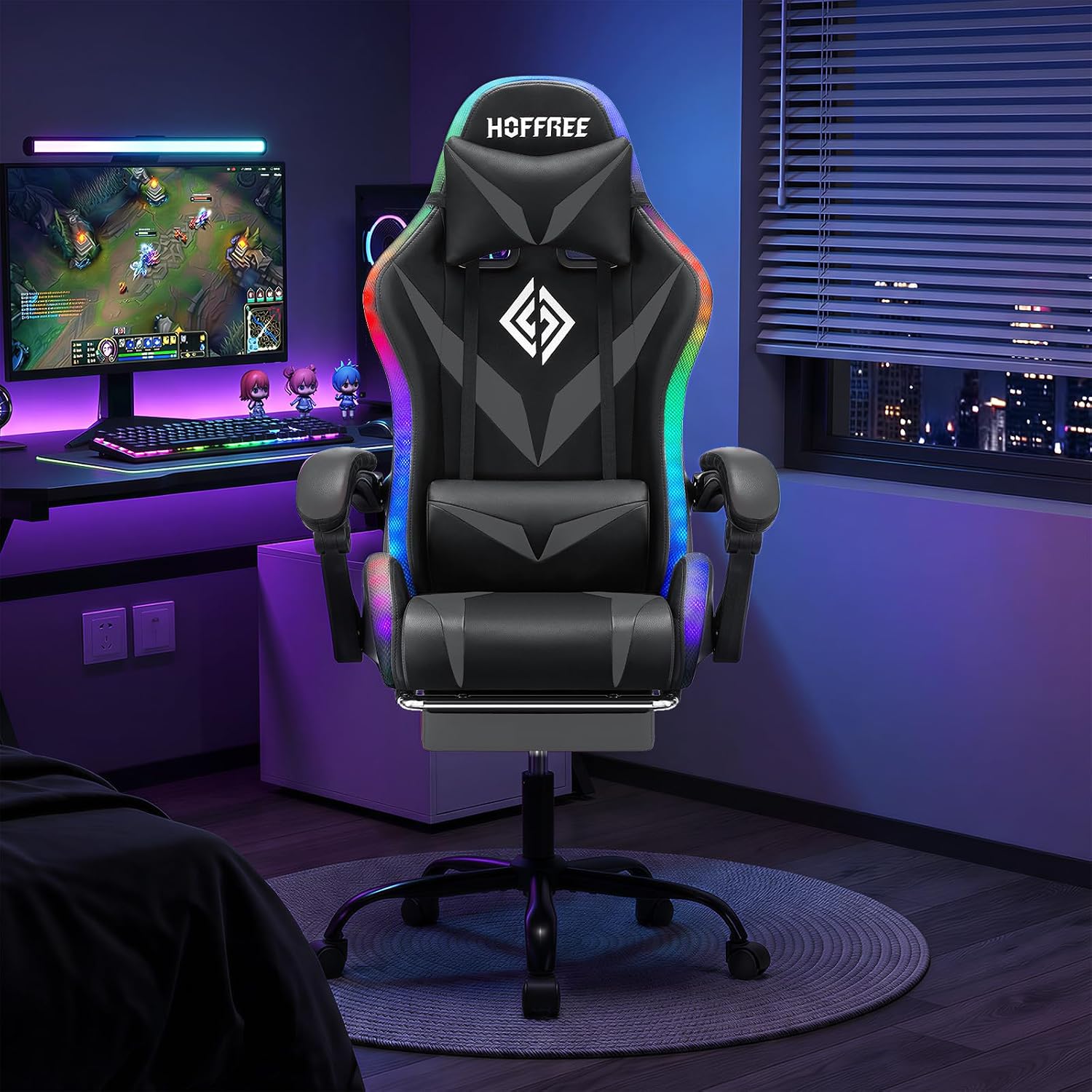 RGB Gaming Chair with Massage and LED Lights Ergonomic Video Game Chairs with Footrest High Back Reclining Computer Chair with Adjustable Lumbar Support Grey and Black
