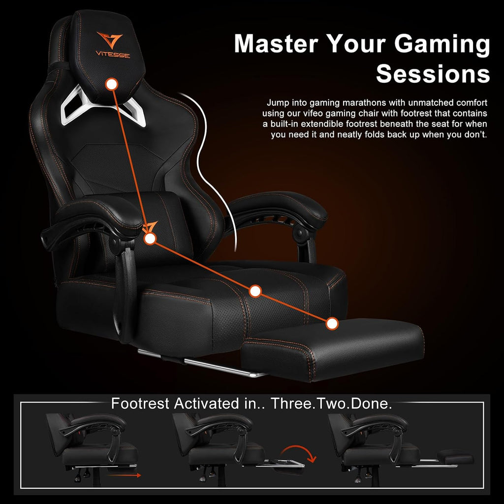 VITESSE Big and Tall Gaming Chair 400lb Weight Capacity with Footrest, Ergonomic Video Game Chair for Adults with Oversized Headrest and Lumbar Pillow, Computer Chair Gaming for Office (Black+Orange)
