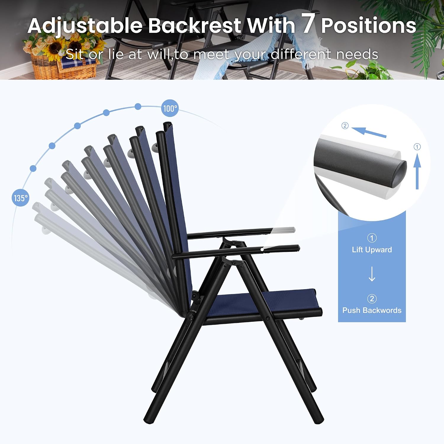 PHI VILLA 5 Pcs Outdoor Patio Dining Set with 10 Ft Umbrella(Beige), Patio Table and Chairs Set for 4 with Folding Patio Chairs (Blue) & Square Metal Outdoor Dining Table for Yard, Lawn and Outside