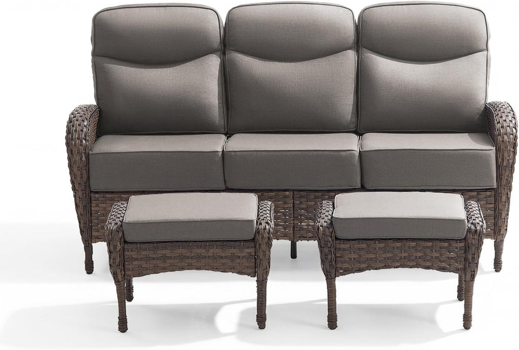 Outdoor Patio Sofa Set (3pcs) with High-Back Design—Thickened Cushions, Sofa Footstool, Patio Set, All-Weather Wicker Patio Furniture Set, Suitable for Balconies and Patios, Available in Brown/Gery