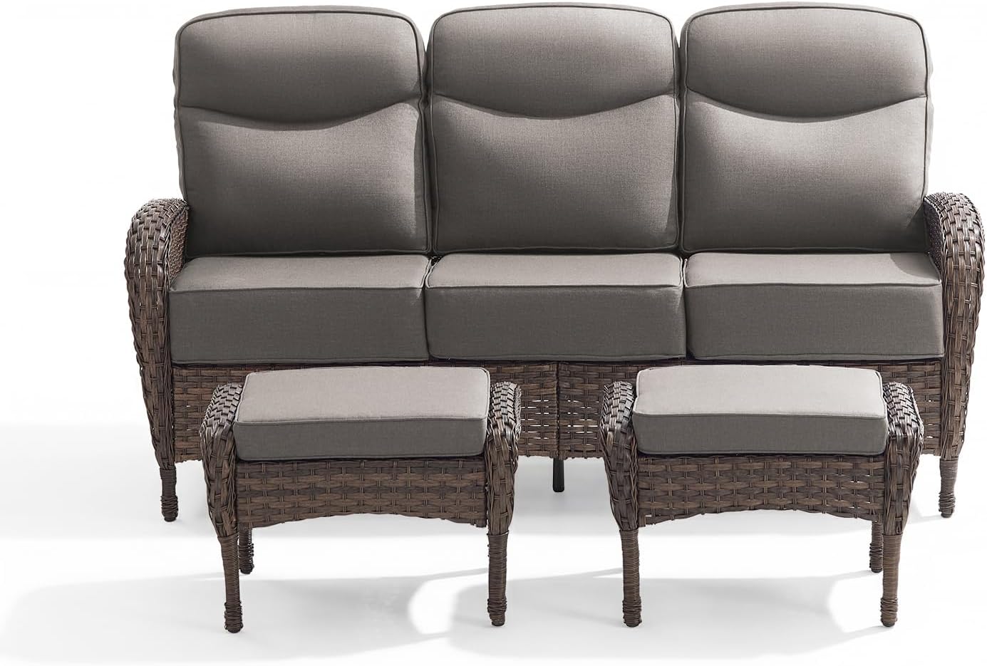 Outdoor Patio Sofa Set (3pcs) with High-Back Design—Thickened Cushions, Sofa Footstool, Patio Set, All-Weather Wicker Patio Furniture Set, Suitable for Balconies and Patios, Available in Brown/Gery