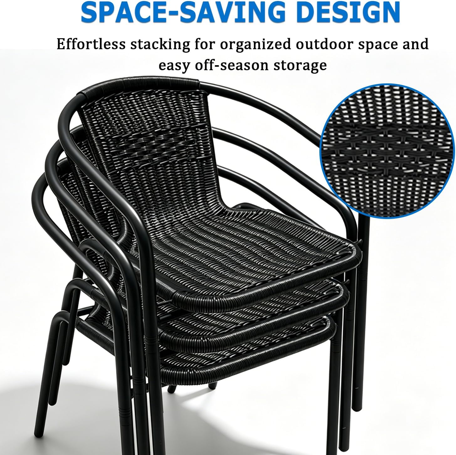 4 Pack Black Stackable Outdoor Rattan Chairs, All-Weather Patio Seating for Balcony Porch Lawn, Small Patio Furniture Set for Front Porch Decor & Outdoor Spaces