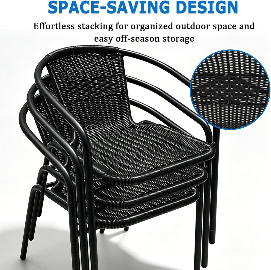 Outdoor Patio Furniture Set 5 Piece with 4 Stackable Black Rattan Chairs and Black Outdoor Metal Dining Table with Umbrella Hole