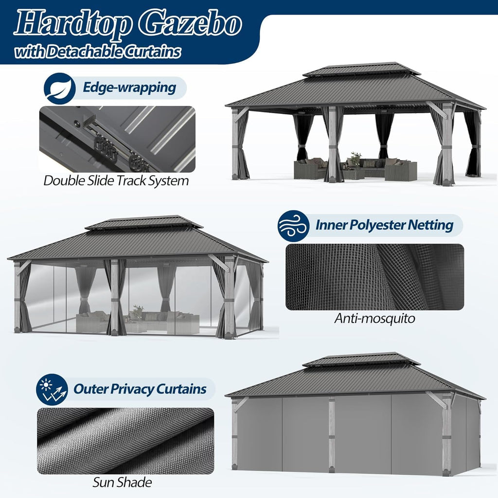 COVERONICS 12'x20' Outdoor Wood Gazebo - Hardtop Wooden Gazebo with Galvanized Steel Roof, Heavy-Duty Pavilion with Netting & Curtains for Garden, Poolside, Deck, Backyard