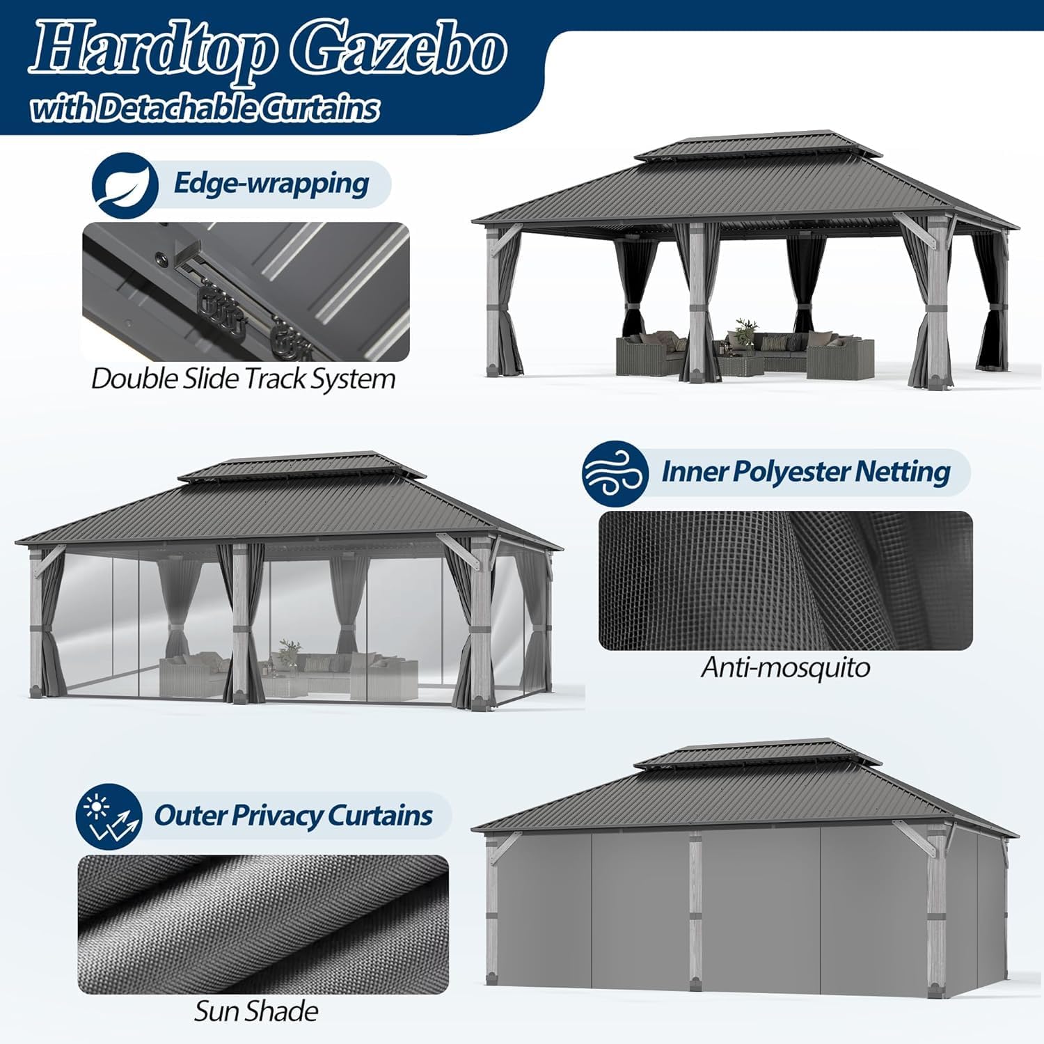 COVERONICS 12'x20' Outdoor Wood Gazebo - Hardtop Wooden Gazebo with Galvanized Steel Roof, Heavy-Duty Pavilion with Netting & Curtains for Garden, Poolside, Deck, Backyard