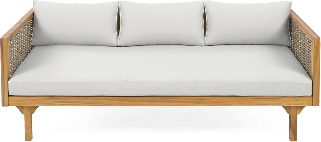 Christopher Knight Home Claremont Patio Sofa and Coffee Table Set, 2 Piece Wicker Patio Furniture Set, Acacia Wood 3 Seater Outdoor Sofa Daybed and Coffee Table Set, Teak+Light Grey