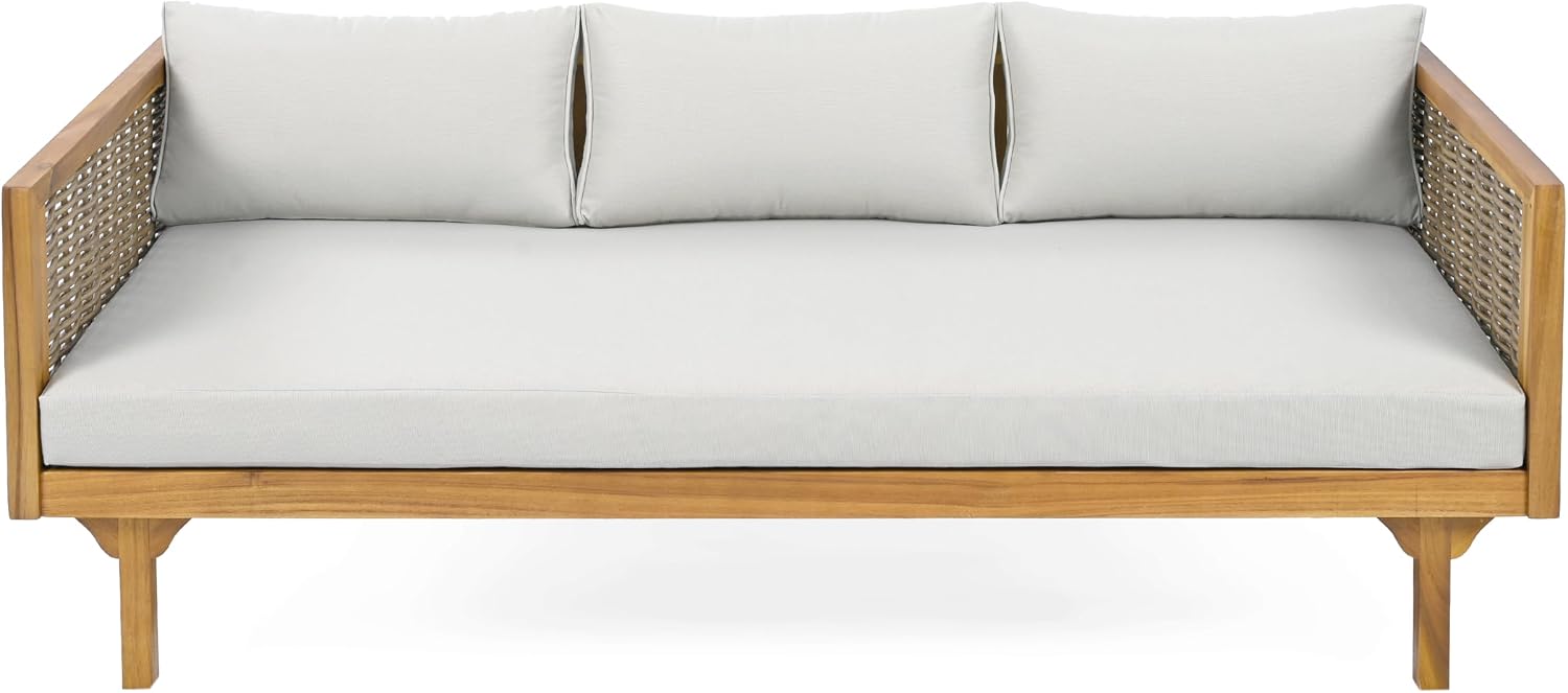 Christopher Knight Home Claremont Patio Sofa and Coffee Table Set, 2 Piece Wicker Patio Furniture Set, Acacia Wood 3 Seater Outdoor Sofa Daybed and Coffee Table Set, Teak+Light Grey