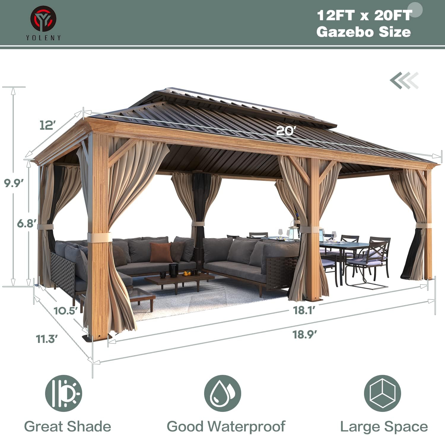 YOLENY 12' x 20' Hardtop Gazebo Wood Grain Pergola with Galvanized Steel Double Roof, Aluminum Frame, Outdoor Patio Gazebo with Netting and Curtains for Deck, Backyard, Patio and Lawns