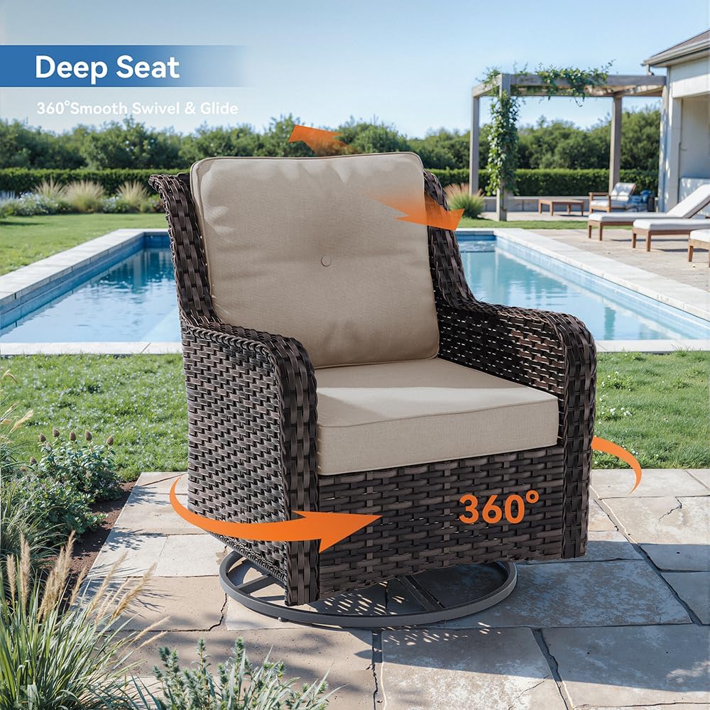 Kurapika 7-Piece Patio Furniture Set, Wicker Thick-Backed Outdoor Swivel Rocking Chair, Includes Coffee Table and Thick Cushions, Conversation Set for Porch,Patio, Sand