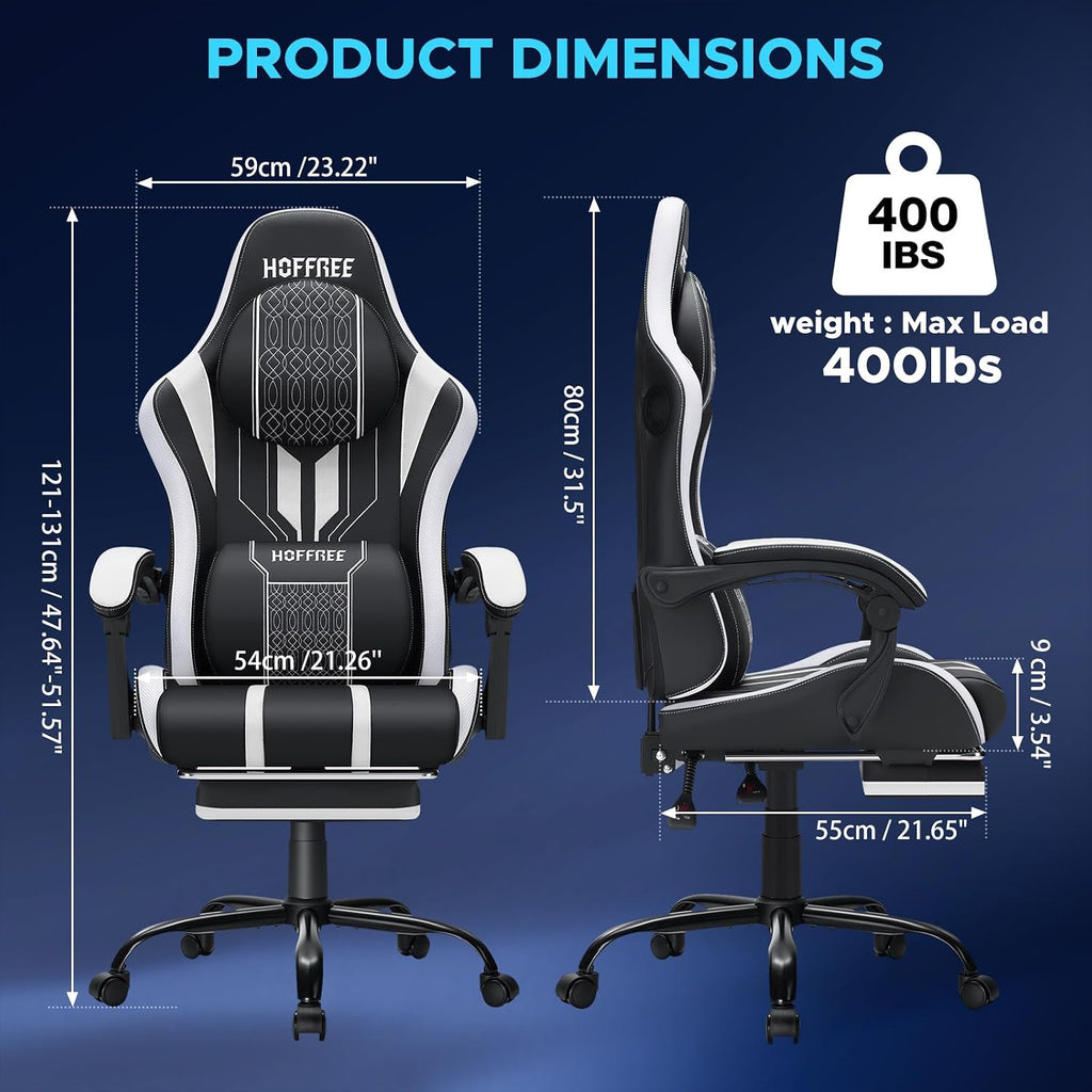 HOFFREE LED Gaming Chair with Bluetooth Speakers Massage Gaming Chair with RGB Lights Big and Tall Game Chairs for 400lbs Heavy People High Back Computer Desk Chair with Footrest White and Black