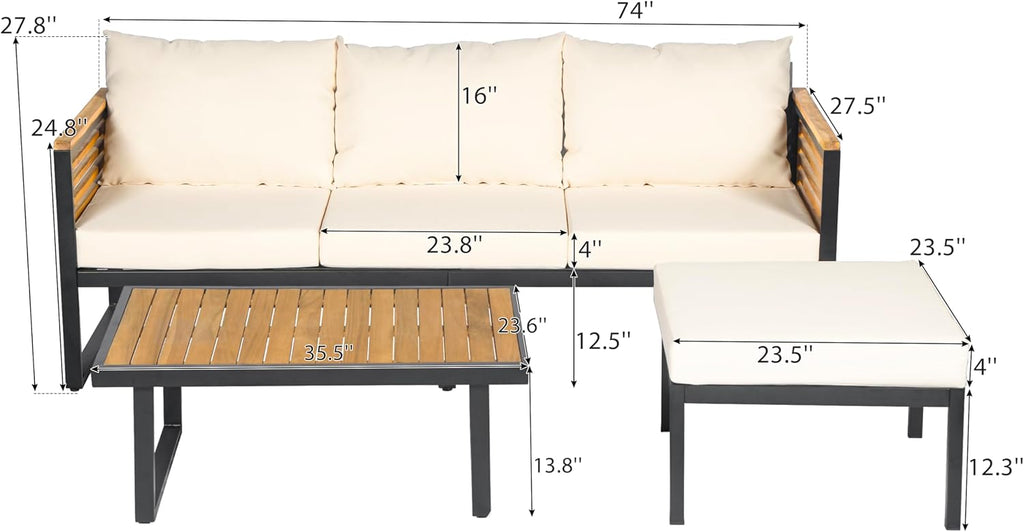 Christopher Knight Home Alvin 3-Piece Acacia Wood Metal Patio Furniture Set, Outdoor Sectional Conversation Sofa Chat Set with Coffee Table and Ottoman for Backyard or Balcony, Teak+Beige+Black
