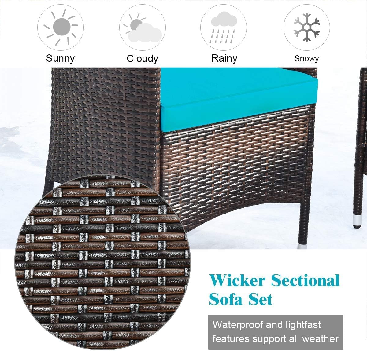 COSTWAY Outdoor Rattan Patio Furniture Set 4 Pieces, Wicker Rattan Cushioned Conversation Conversation Chairs with Coffee Table for Backyard Balcony Porch Poolside, Turquoise