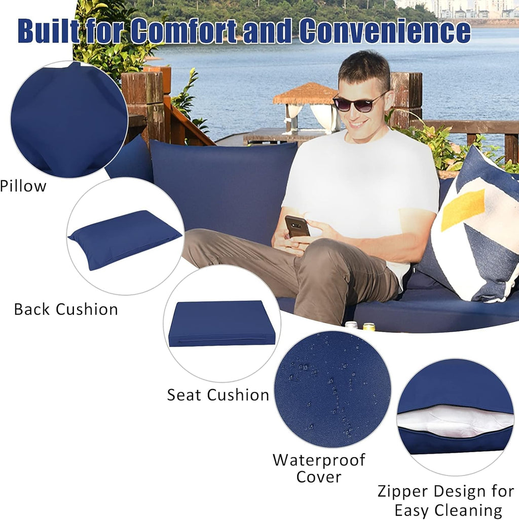 Tangkula 7 Pieces Wicker Patio Furniture Set, All-Weather Outdoor Rattan Sectional Sofa Set with Cushions & Tempered Glass Coffee Table, Outside Sofa Set for Garden, Lawn, Deck, Backyard (Navy)