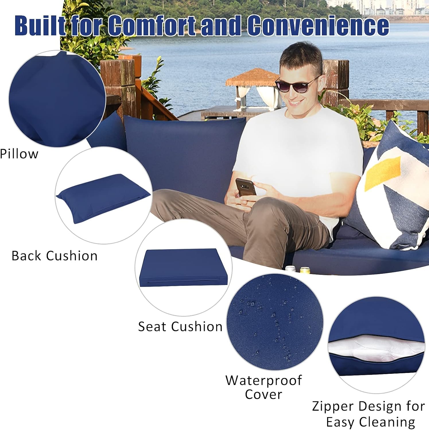 Tangkula 7 Pieces Wicker Patio Furniture Set, All-Weather Outdoor Rattan Sectional Sofa Set with Cushions & Tempered Glass Coffee Table, Outside Sofa Set for Garden, Lawn, Deck, Backyard (Navy)