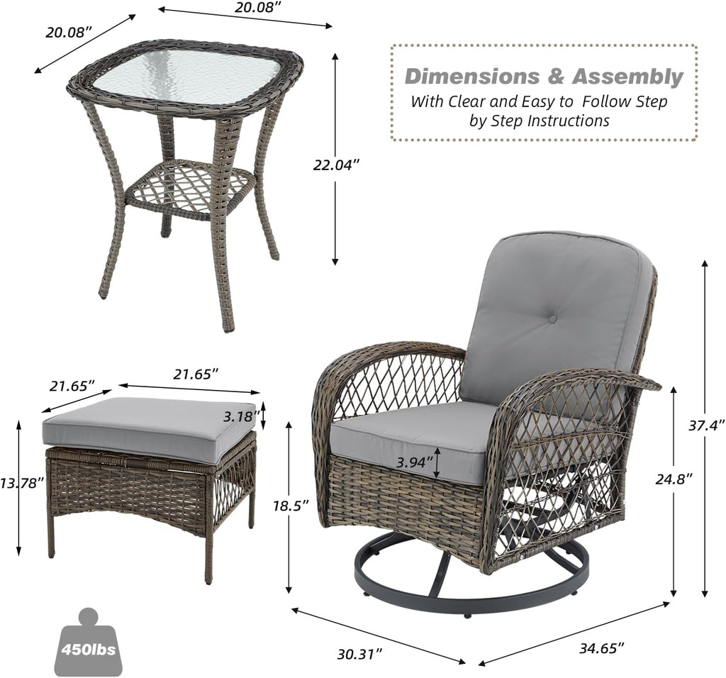 MELLCOM 5 Pieces Patio Furniture Set, Outdoor Swivel Rocker Patio Chairs with Ottomans, Wicker Conversation Set with Rocking Chair, Thickened Cushions, Glass Coffee Table for Backyard, Grey