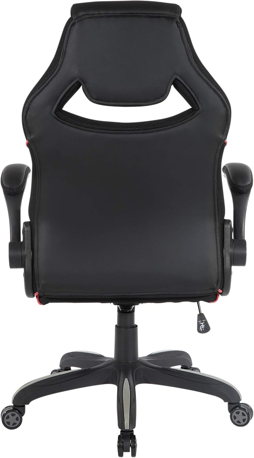 OSP Home Furnishings Xeno Ergonomic Adjustable Faux Leather Gaming Chair with Integrated Headrest and Airflow Cooling Material, Black with Red Accents