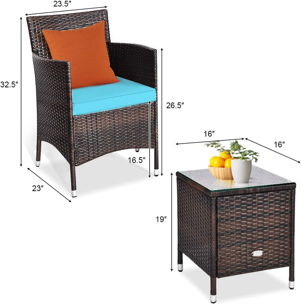 DORTALA Wicker Patio Furniture Set 3 Piece, Small Outdoor Table & Chairs Set with Cushions, All-Weather Rattan Conversation Bistro Set for Balcony, Porch, Backyard, Deck, Turquoise
