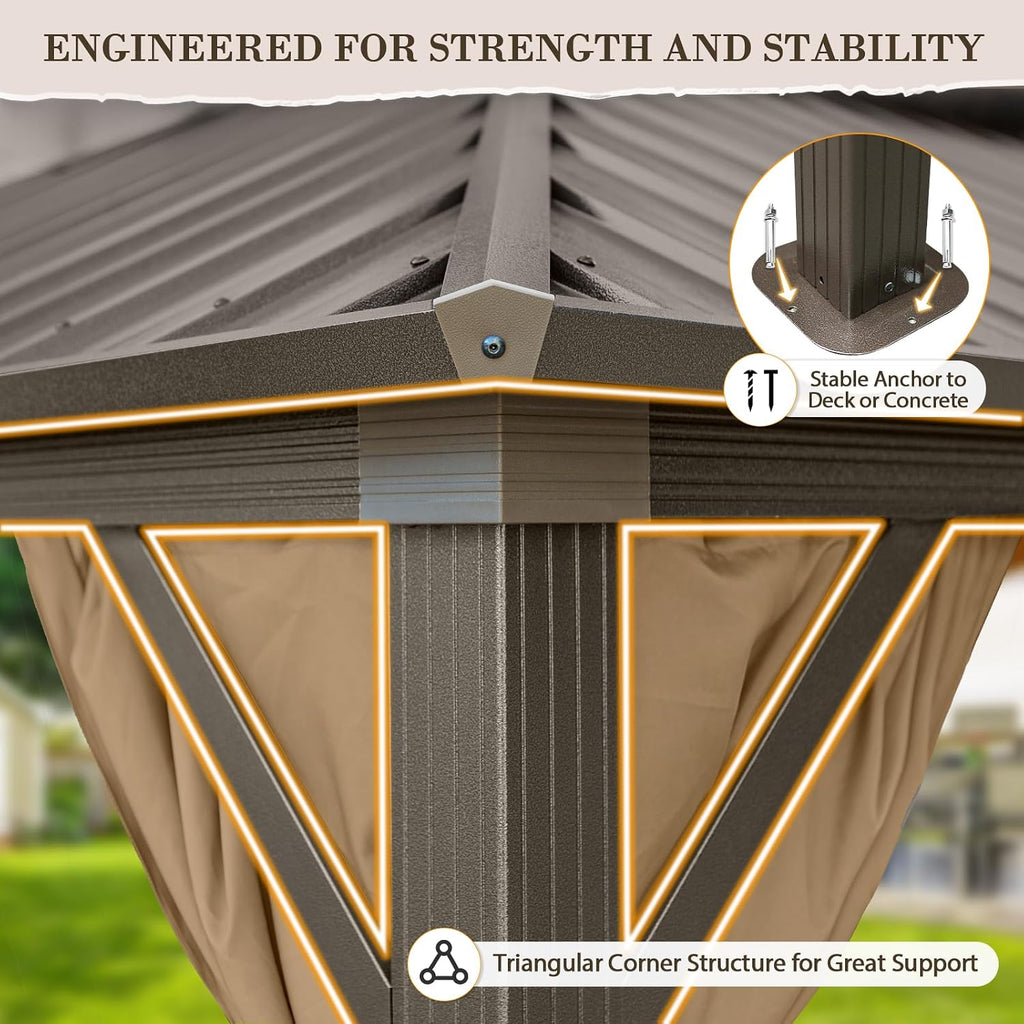 EAGLE PEAK 12x10 Hardtop Gazebo, Galvanized Steel Double Roof with Aluminum Frame, Outdoor Pavilion with Netting and Curtains for Patio, Deck, Lawn and Garden, Dark Brown/Tan