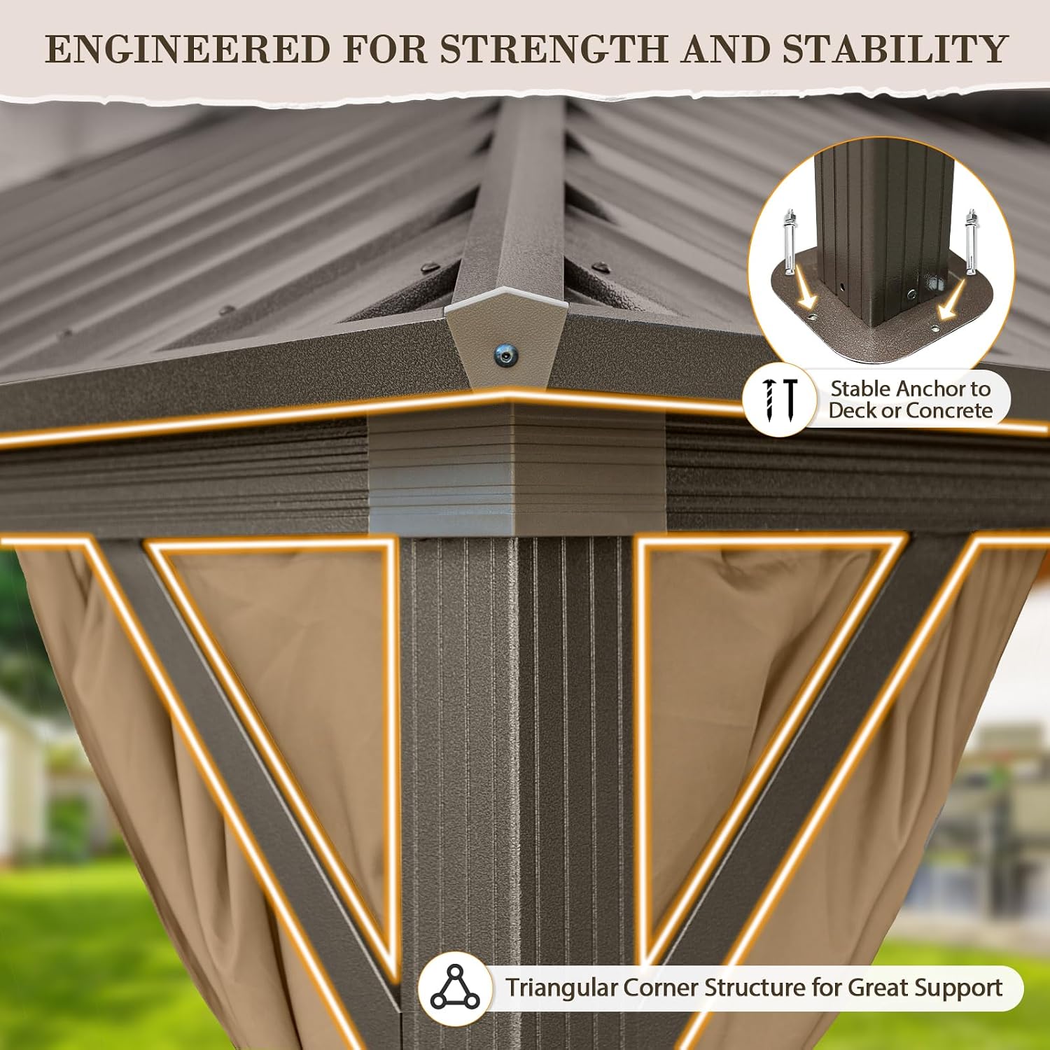 EAGLE PEAK 12x10 Hardtop Gazebo, Galvanized Steel Double Roof with Aluminum Frame, Outdoor Pavilion with Netting and Curtains for Patio, Deck, Lawn and Garden, Dark Brown/Tan