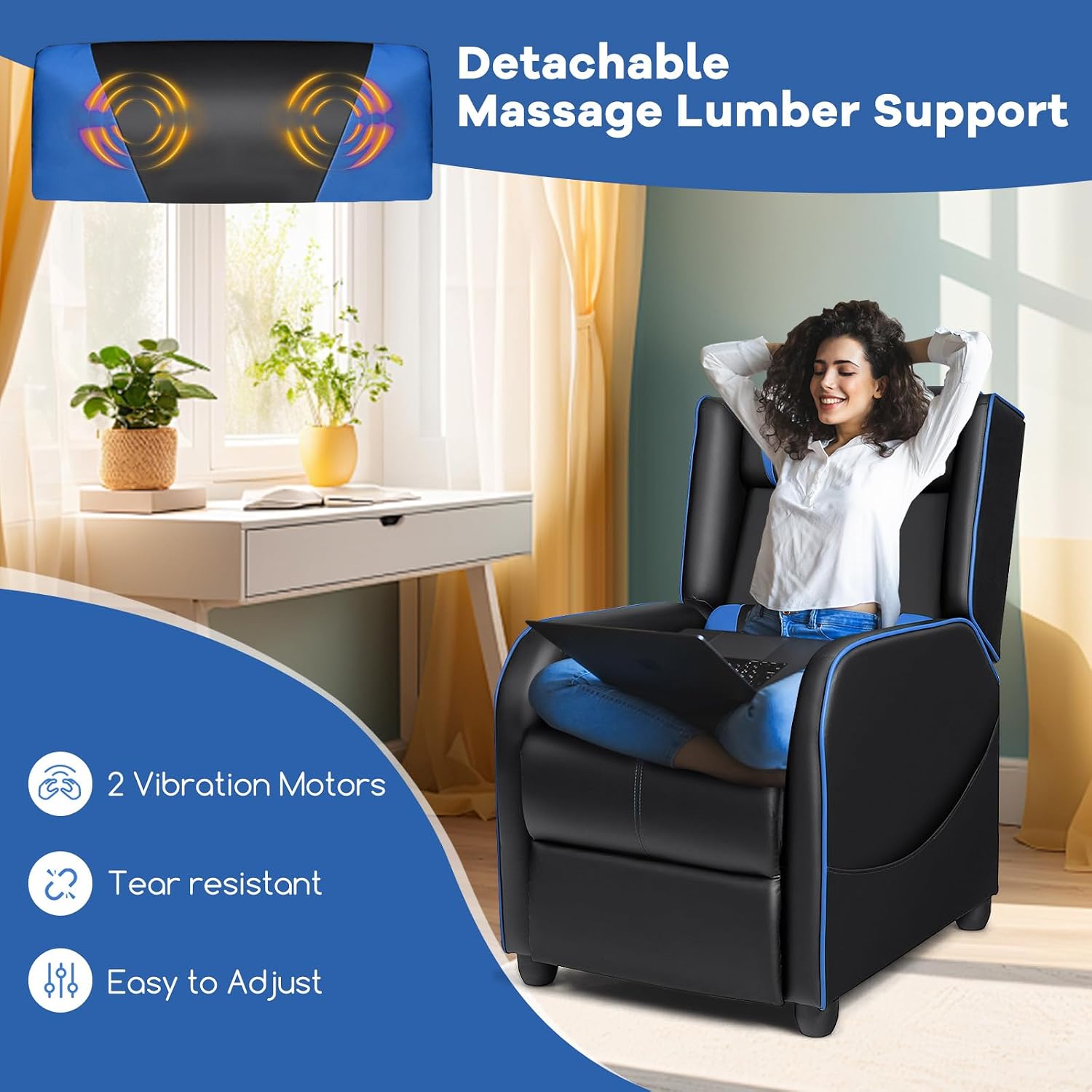 Goplus Massage Gaming Recliner Chair, Racing Style PU Leather Single Recliner Sofa with Footrest, Adjustable Modern Living Room Recliners, Ergonomic Home Theater Recliner Seat (Blue)