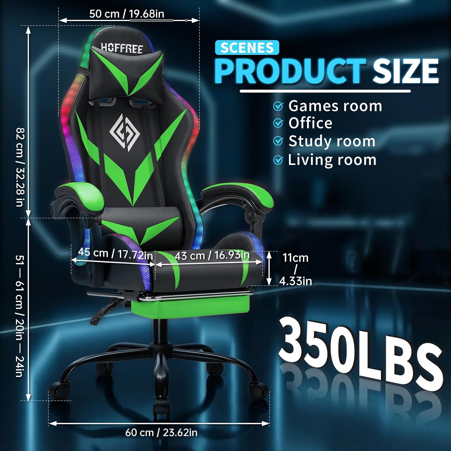 Gaming Chair with Bluetooth Speakers and RGB LED Lights Ergonomic Massage Computer Gaming Chair with Footrest Video Game Chair High Back with Lumbar Support Light Green and Black