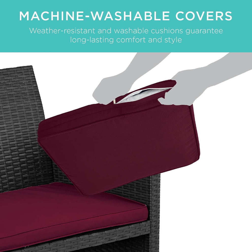 Best Choice Products 4-Piece Outdoor Wicker Patio Conversation Furniture Set for Backyard w/Coffee Table, Seat Cushions - Black/Deep Burgundy