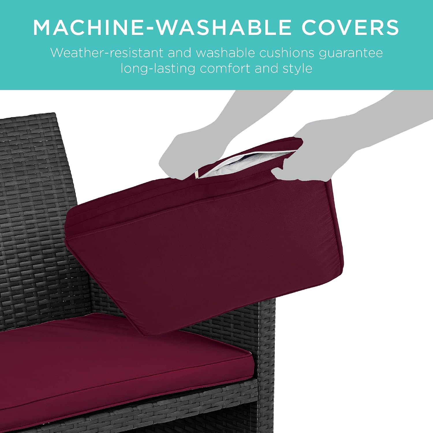 Best Choice Products 4-Piece Outdoor Wicker Patio Conversation Furniture Set for Backyard w/Coffee Table, Seat Cushions - Black/Deep Burgundy