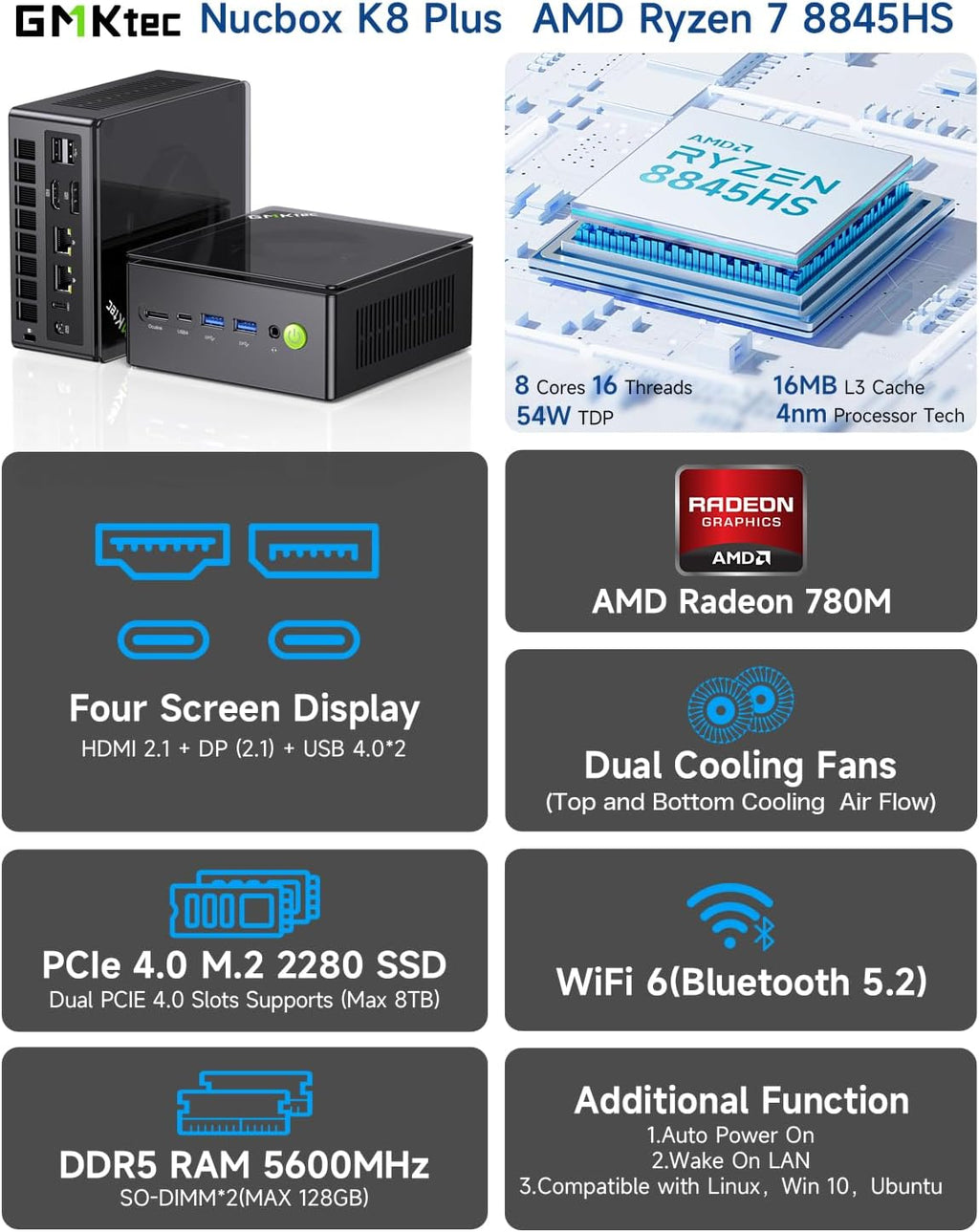 GMKtec Gaming Mini PC K8 Plus AMD Ryzen 7 8845HS(8C/16T, up to 5.1GHz) 32GB DDR5 RAM 512GB SSD, Desktop Computer Dual NIC 2.5G, HDMI 2.1, USB4