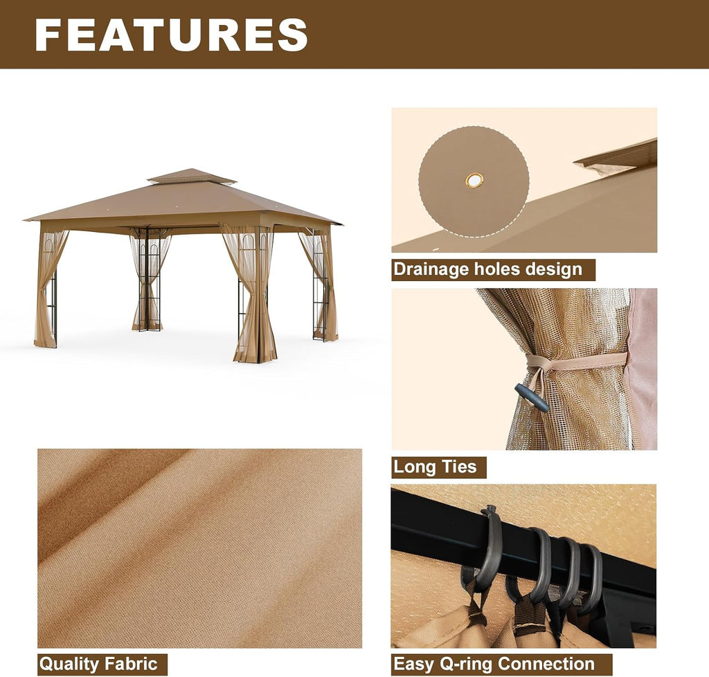 Outdoor Gazebo with Mosquito Netting 13x11 at Top and 12x10 at Base, Double Tier Roof Patio Gazebo Pavilion for Backyards, Patio, Garden and Lawn, Brown