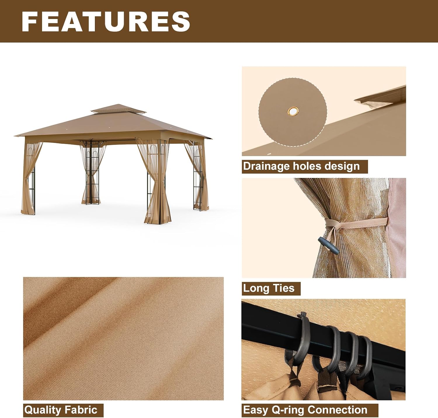Outdoor Gazebo with Mosquito Netting 13x11 at Top and 12x10 at Base, Double Tier Roof Patio Gazebo Pavilion for Backyards, Patio, Garden and Lawn, Brown