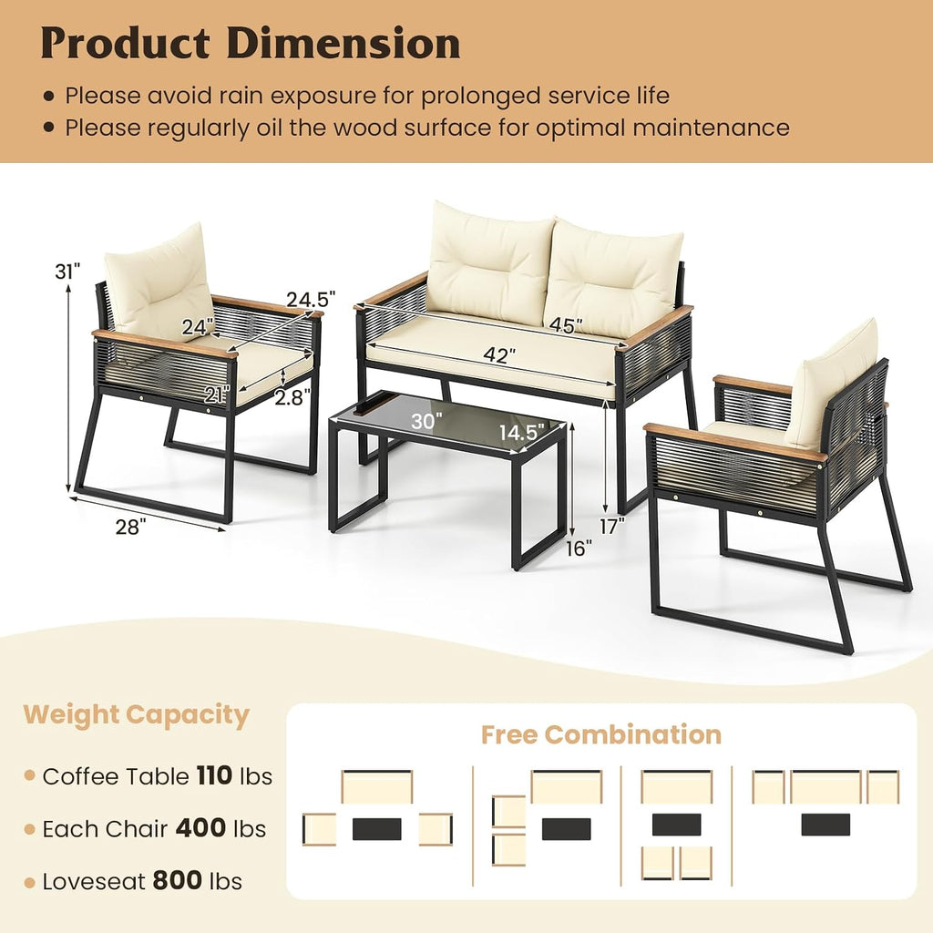 Tangkula 4 Pieces Patio Wicker Furniture Set, Heavy Duty Outdoor Cushioned Conversation Set with Tempered Glass Coffee Table, for Garden, Yard and Poolside (Off White,2)