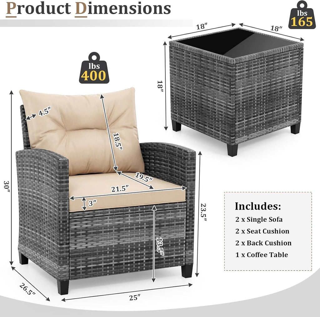 KOTEK 3 Piece Patio Furniture Set, Outdoor PE Rattan Conversation Set with Washable Cushions & Tempered Glass Tabletop, Wicker Chairs and Table Set for Porch, Garden, Balcony (Beige)