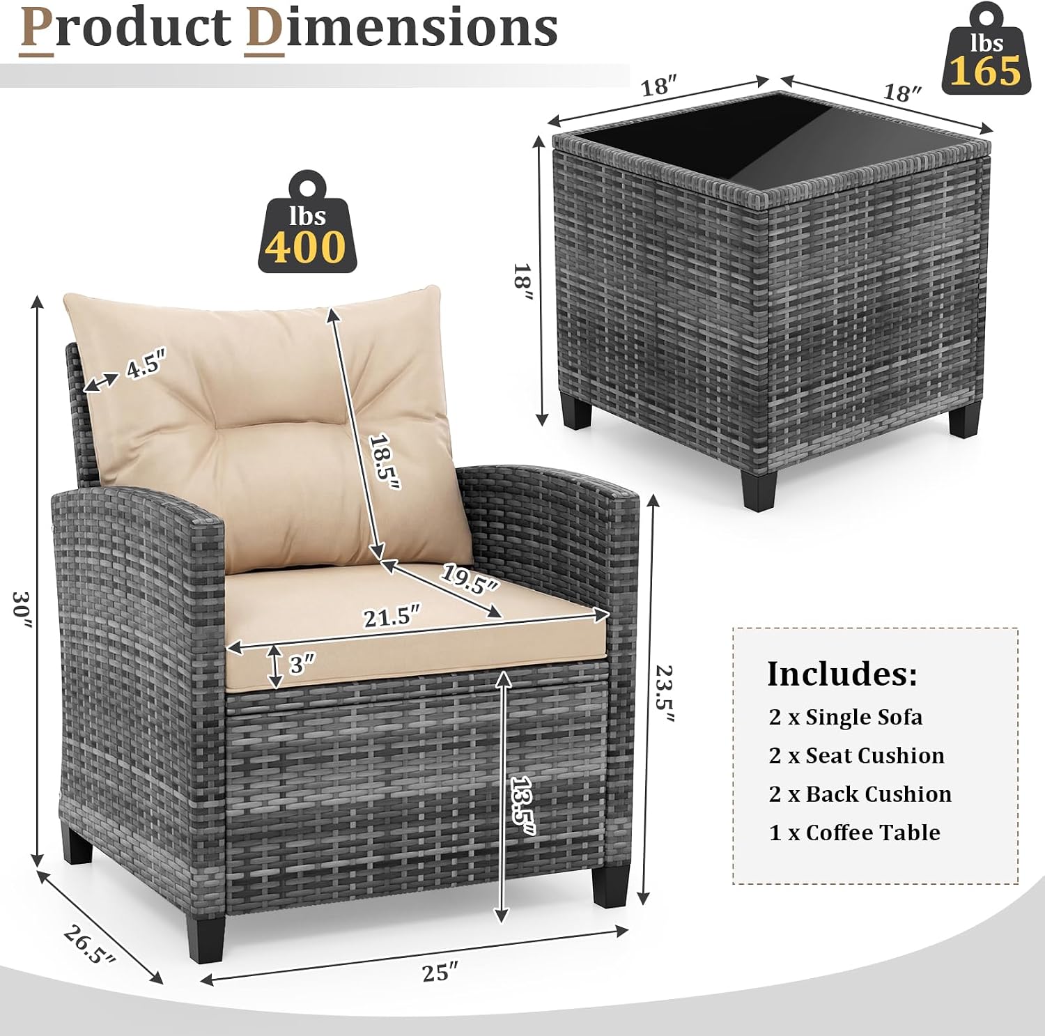 KOTEK 3 Piece Patio Furniture Set, Outdoor PE Rattan Conversation Set with Washable Cushions & Tempered Glass Tabletop, Wicker Chairs and Table Set for Porch, Garden, Balcony (Beige)
