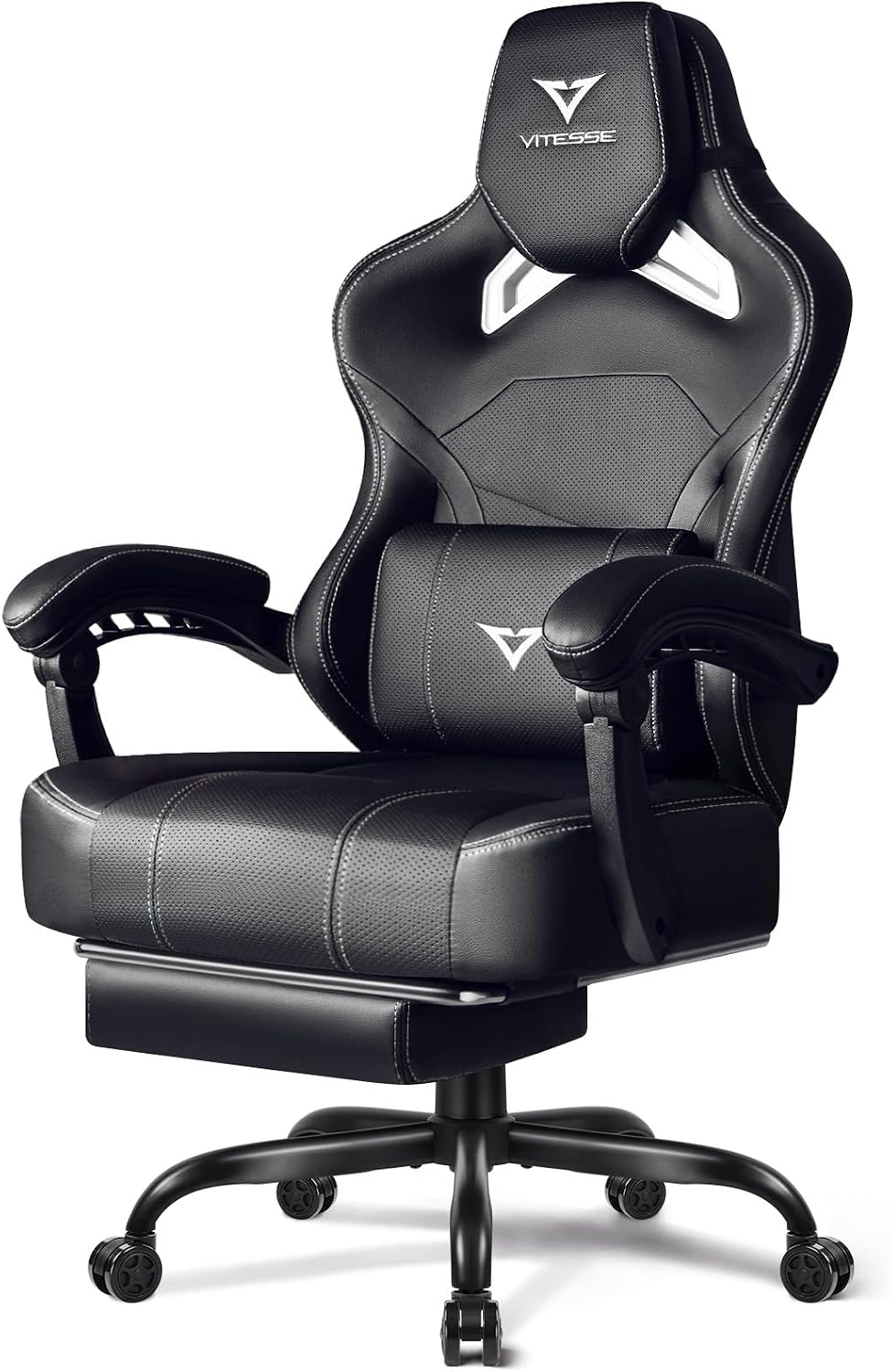 VITESSE Big and Tall Gaming Chair 400lb Weight Capacity with Footrest, Ergonomic Video Game Chair for Adults with Oversized Headrest and Lumbar Pillow, Computer Chair Gaming for Office (Black+White)
