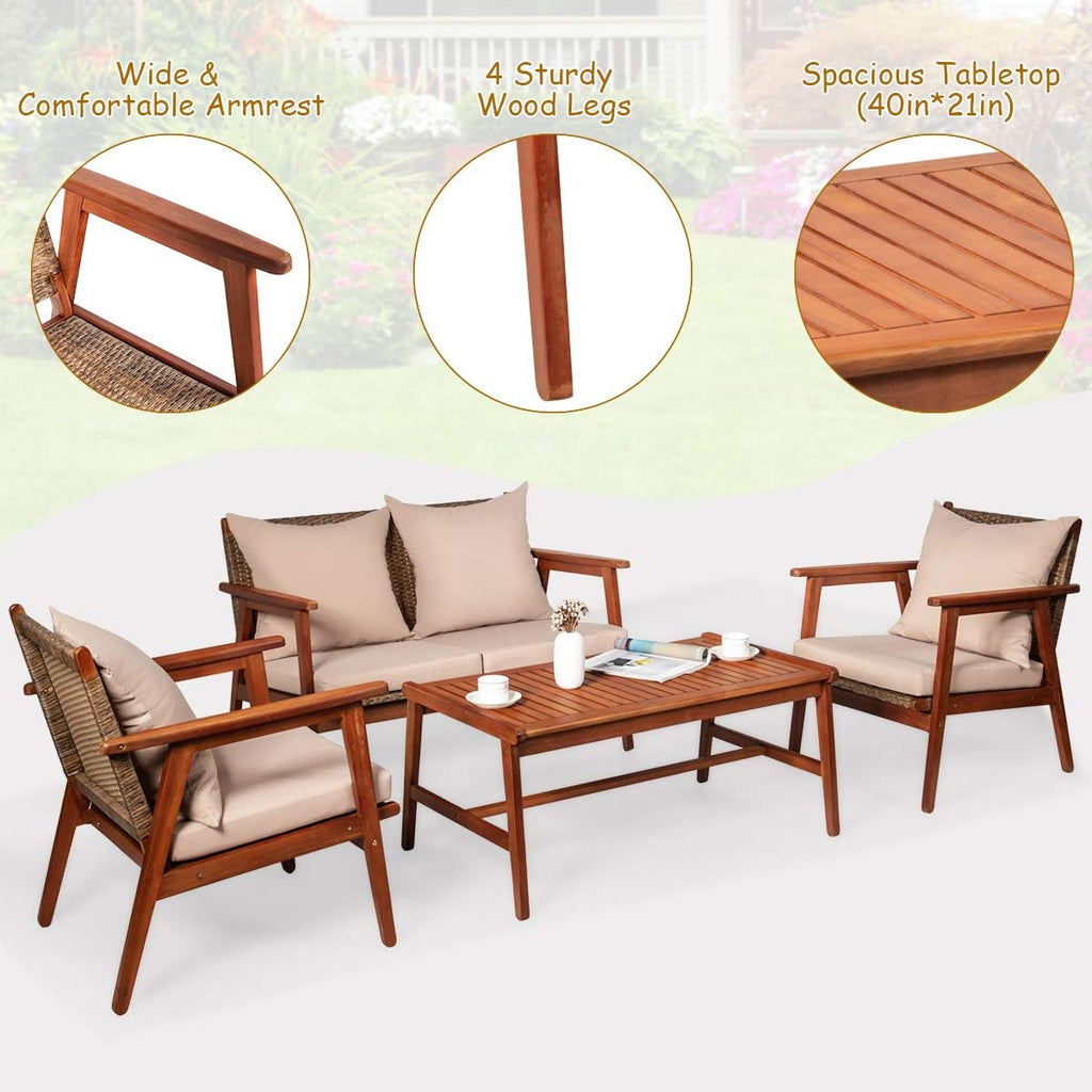 Tangkula 8 PCS Patio Wood Sofa Set, Outdoor Acacia Wood Seating Chat Set with Cushions & Coffee Table, Sectional Conversation Sofa Set for Garden, Backyard, Poolside (2, Brown)
