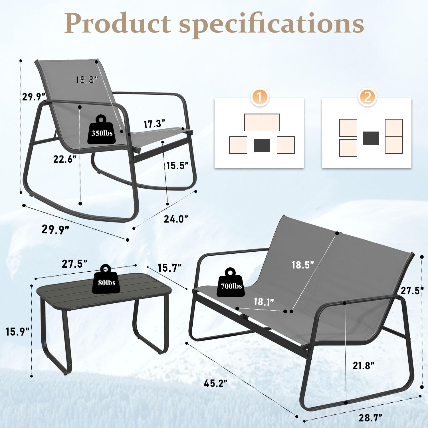 4-Piece Patio Furniture Set, Outdoor Textilene Conversation Set with Chairs & Loveseat, with Coffee Table for Garden, Balcony, Poolside