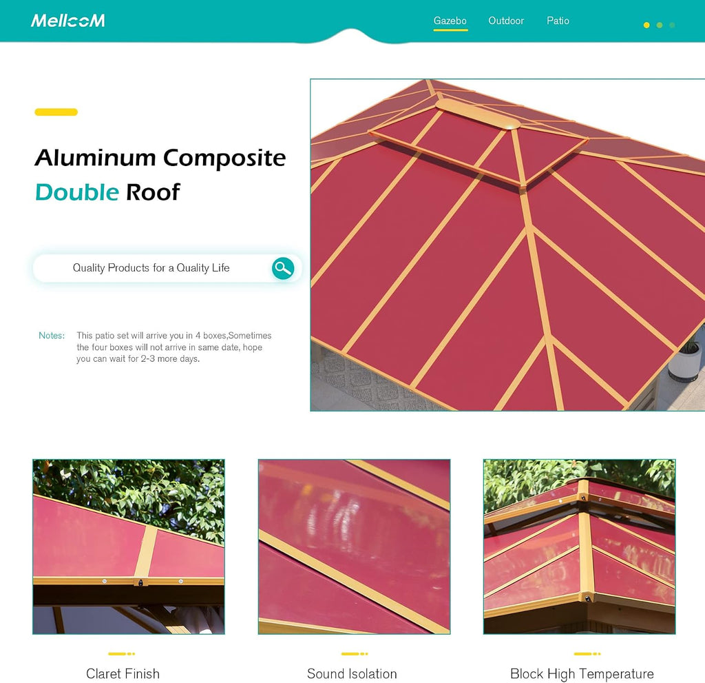 MELLCOM 12' x 14' Hardtop Gazebo, Wooden Finish Coated Aluminum Frame Outdoor Gazebo with Aluminum Double Roof, Claret Metal Gazebo with Curtains and Nettings for Patios, Gardens, Lawns